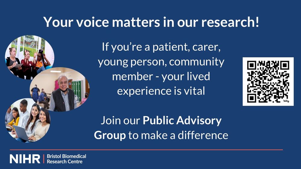 📣Your voice matters in our research!

Whether you're a patient, carer, young person, community member - we're looking for new members of our Public Advisory Group. You'll help shape our research.

Register your interest:
https://www.bristolbrc.nihr.ac.uk/PublicAdvisoryGroup/