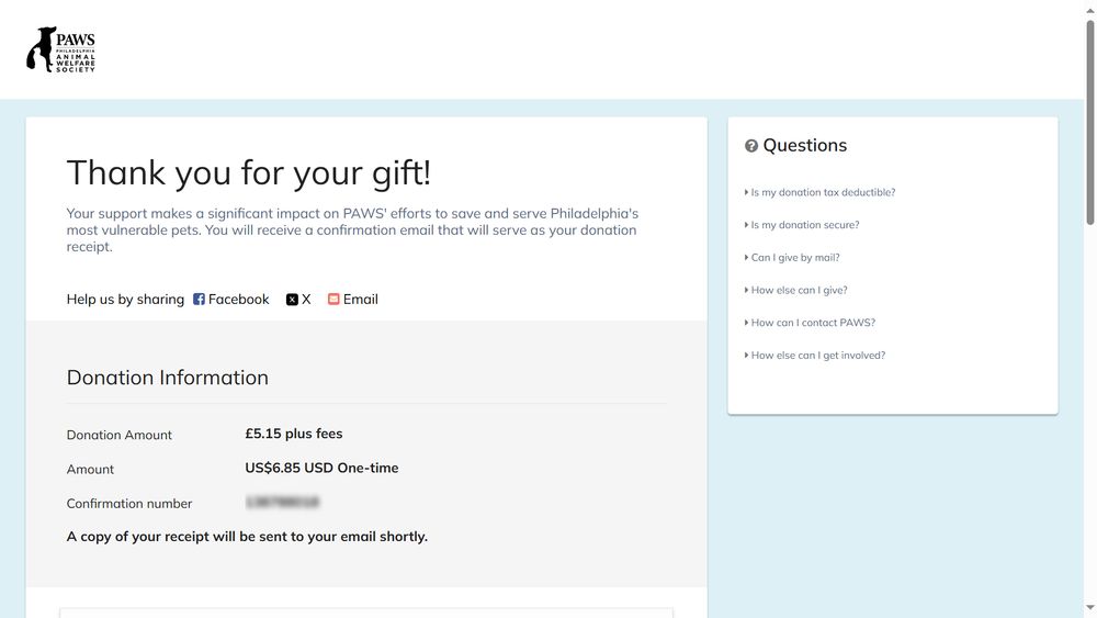 Receipt for a donation of £5.15 to animal charity PAWS.