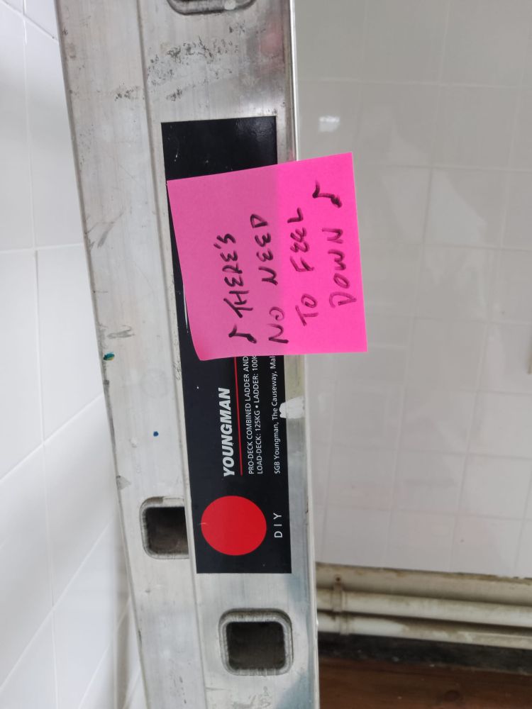Metal ladder made by Youngman. Next to the logo is a Post-It note with "there's no need to feel down" written on it.