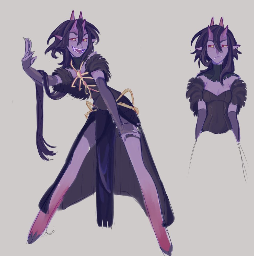 a purple girl posing, she has 4 horns, 2 on her forehead and 2 on her head, she is dressed in dark clothes, she has a jellyfish haircut