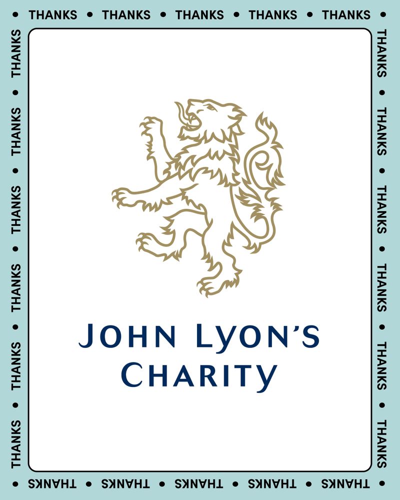 Graphic featuring the John Lyon’s Charity logo—a stylised gold lion standing on its hind legs—centered on a white background. The charity name appears in blue serif font below the lion. The border is light blue with repeating black text that says 'Thanks' separated by dots, wrapping around all four sides.