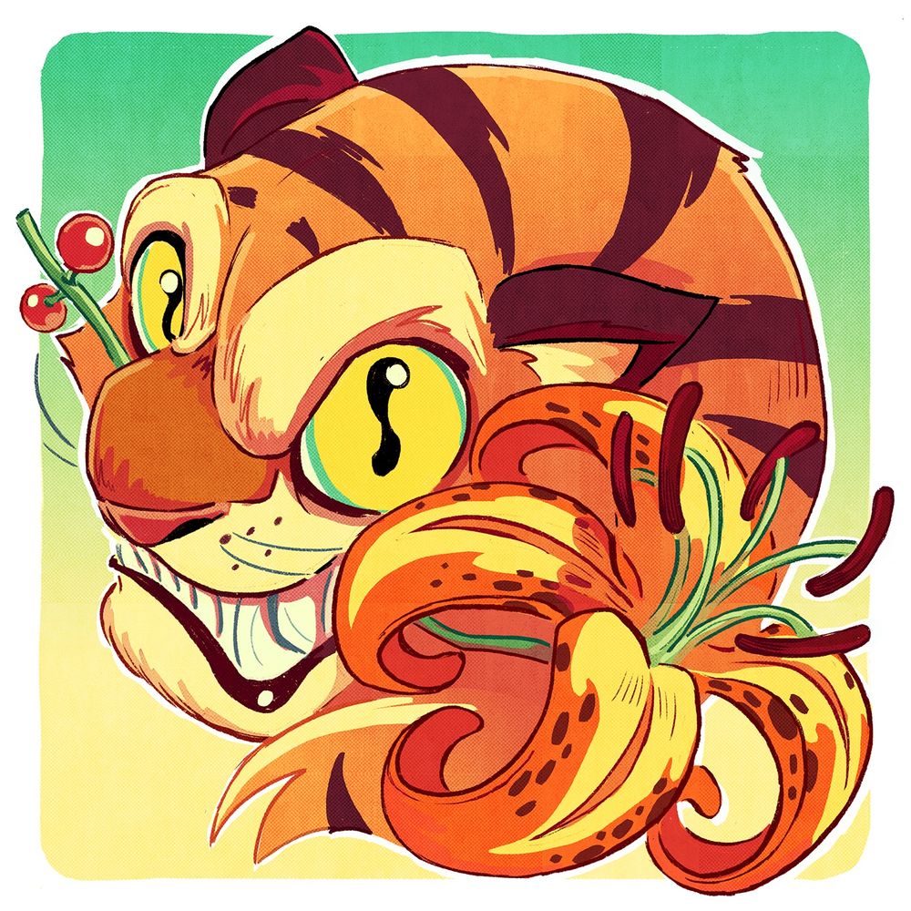 an isolated tiger’s head holds a flower between its bared teeth