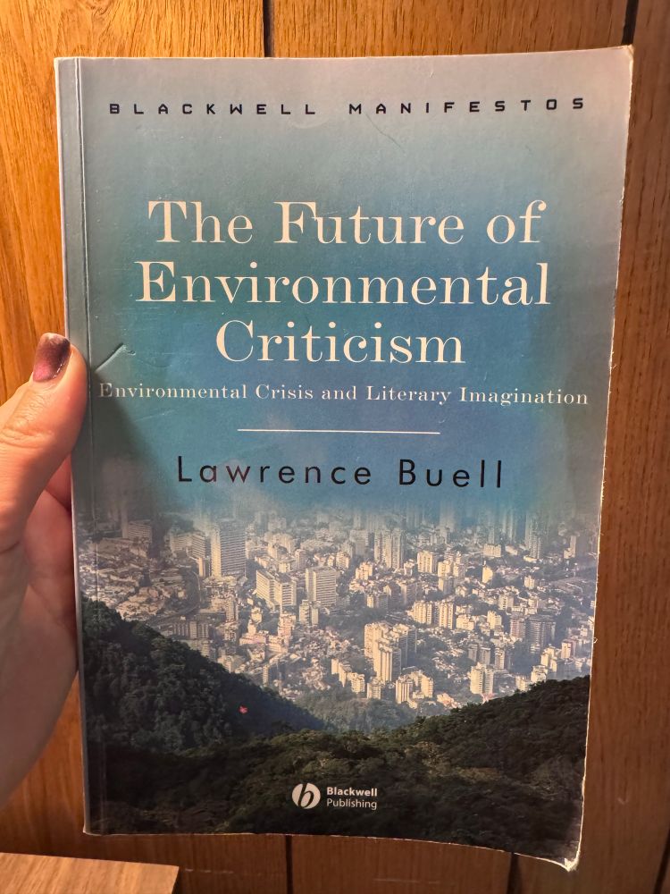 The Future of Environmental Criticism by Lawrence Buell / book cover is foliage covered mountains in front of a city with a blue sky where the words are. 