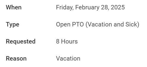 Picture of a PTO submission to take off on 2/28.