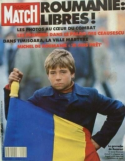 Cover for French magazine Paris Match, showing a teenager wrapped in the Romanian flag, under the heading Romania: We're Free