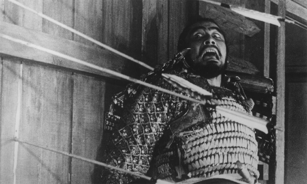 Toshiro Mifune in the final scenes of Akira Kurosawa's Throne of Blood (1957), a jidaigeki (Japanese period drama) remaigining of Macbeth