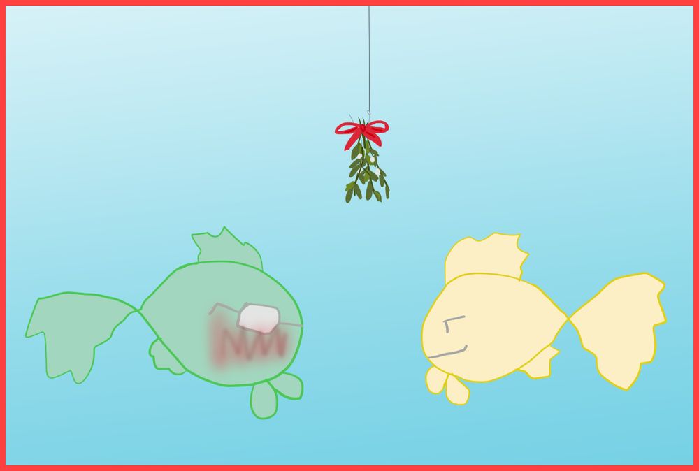 Machias and Jusis from Trails of Cold Steel as fish, under a mistletoe. MachiasFish is blushing and JusisFish looks smug