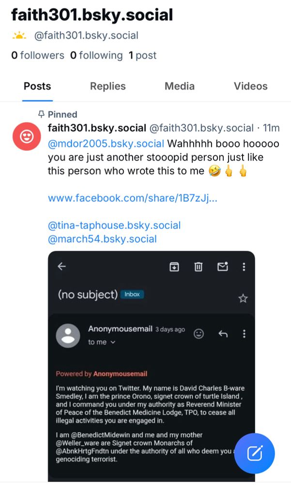 This is another handle the stalker/harasser uses. 
faith301  please report & block 