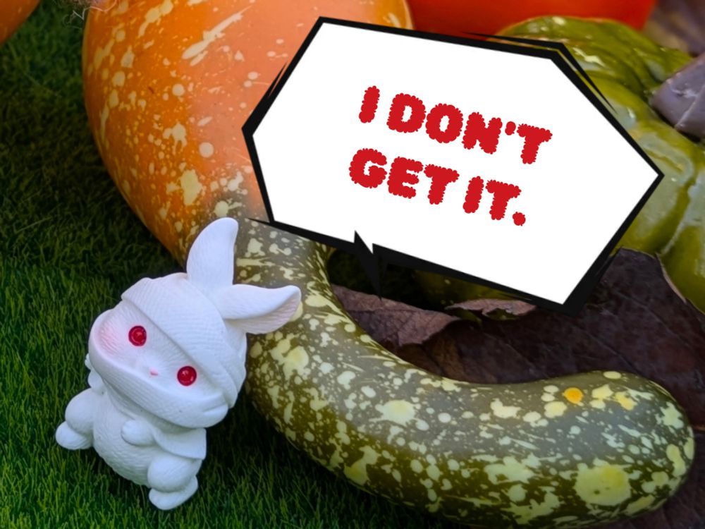 A close up shot of Harry the zombie rabbit beside one questionable squash. Above his head, a speech bubble that reads, "I don't get it."
