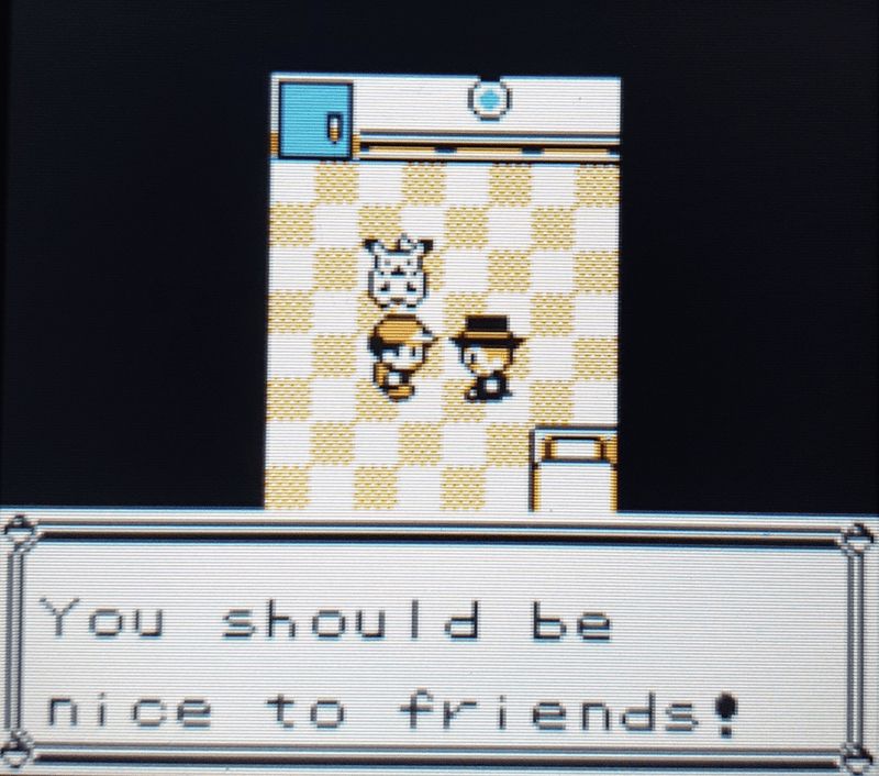 An NPC is speaking to the player character. They're saying, "You should be nice to friends!"