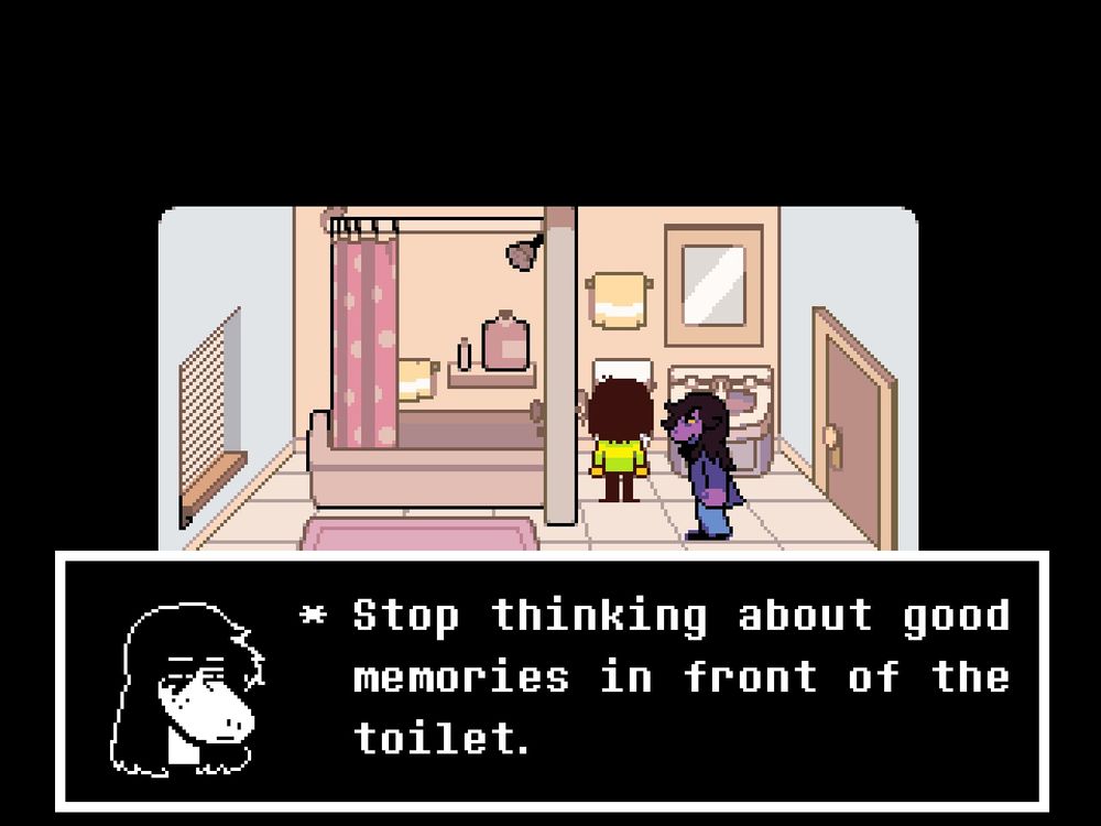 Kris is standing in front of a toilet. Susie is telling them, "Stop thinking about good memories in front of the toilet."