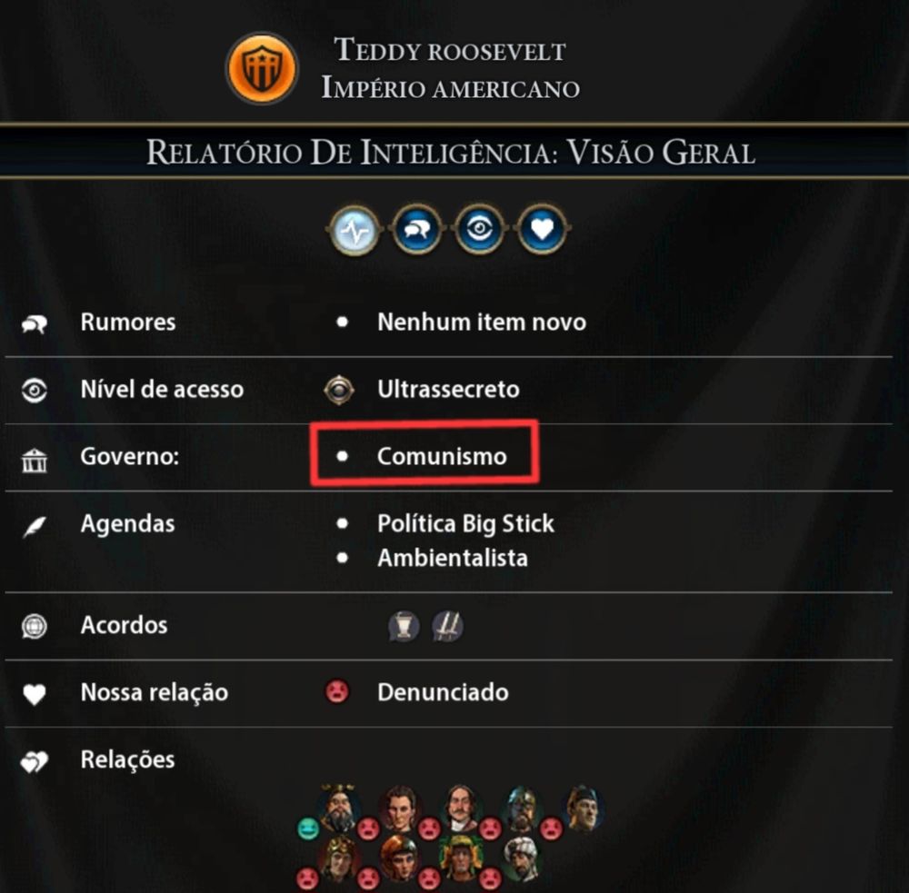 Captura de tela do jogo Civ 6, mostrando que o governo dos Estados Unidos é comunista 
