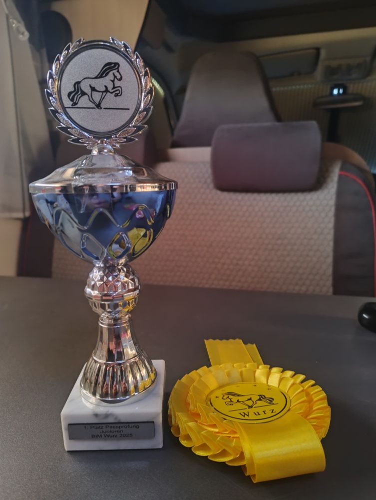Ein Pokal mit Aufschrift "1. Platz Passprüfung Junioren BIM Wurz 2025" und eine gelbe Siegerschleife.