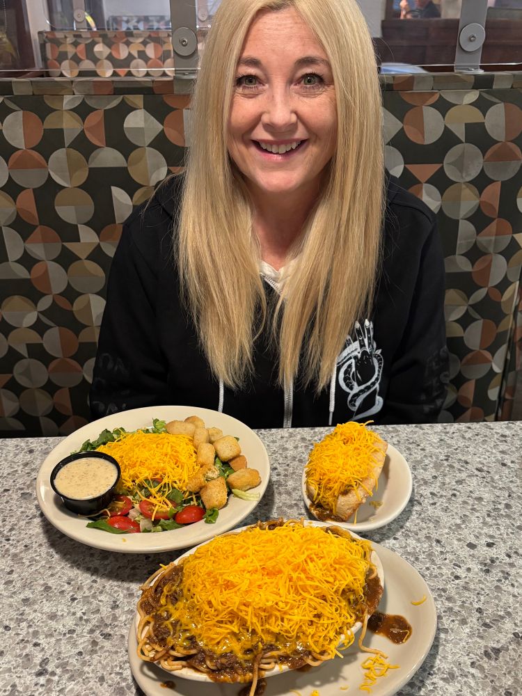 Garden salad, cheese coney and 3 way all heavily topped in cheddar cheese. 