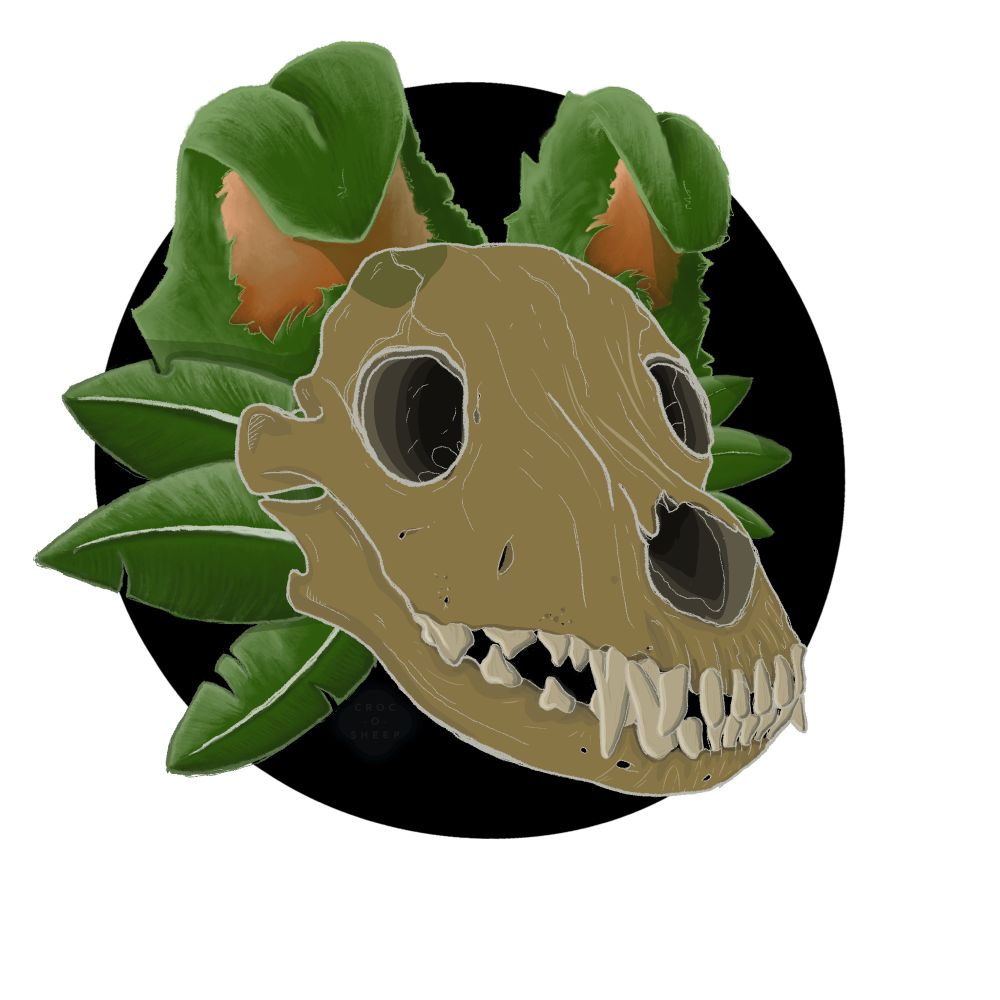 A dog skull with fluffy green ears that flop over at the top. 3 large leafs stick out on either side of the face in lieu of fur. Black circular background 