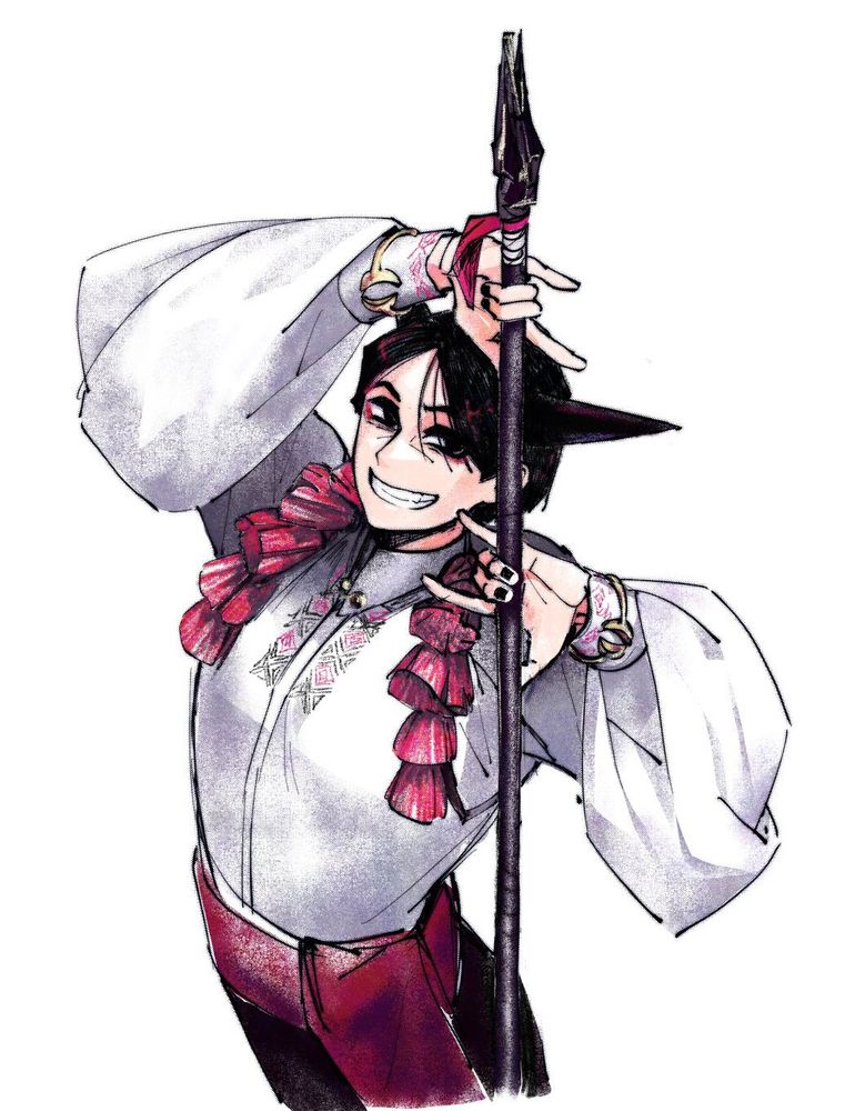 Someș, he's got short dark hair and has dark horns. He wears a white shirt with red tassels on his shoulders and red and black embroidery on the chest area.