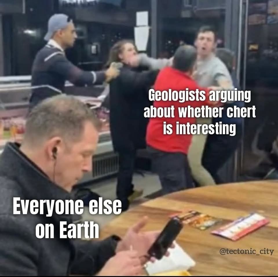 Photo of a man at a table apparently checking his phone. In the background four or five people are having a brawl, grabbing each other, maybe punching. The text over the man at the table says "everyone else on Earth" while the text over the brawlers says "geologists arguing over whether chert is interesting."