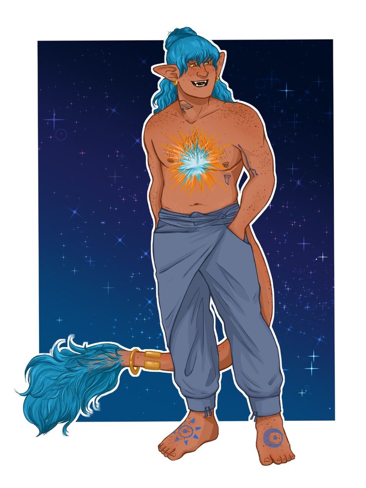 A digital drawing of a person against a starry dark blue backdrop. He has tan skin, long blue hair partially pulled back in a bun, freckles, top surgery scars, pointed ears, pointy teeth, and a long tail ending in a tuft of blue fur. He is wearing blue wrap-style pants and no shirt, with gold earrings and cuffs around his tail. He has a sun symbol tattooed on one foot and a moon symbol, a large glowing sunburst symbol on his chest. He also has a fang tattooed lower on his chest.