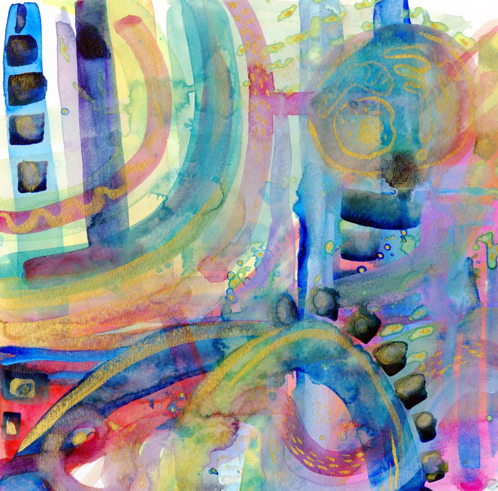 abstract painting in a rainbow of pastel colors. Circular shapes are reminiscent of cells and cell structures