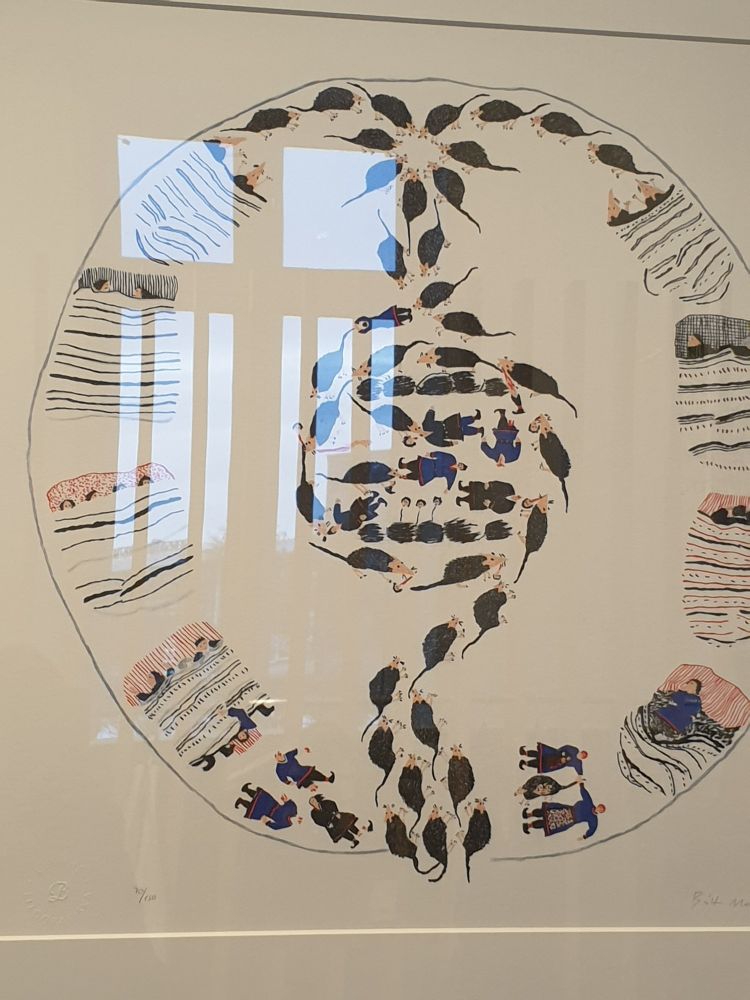 Strange circular, cartoon like picture showing sleeping figures in beds, and lying down, and large rat like creatures, mingled with people, and assembling in the centre, some eating /have eaten the people...