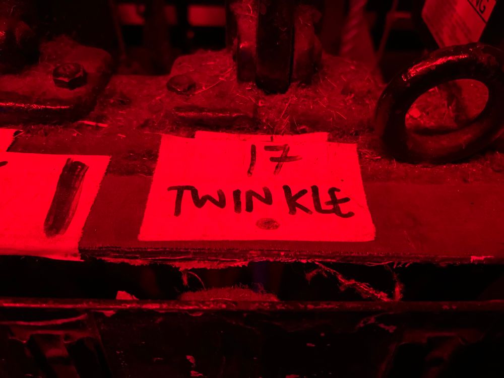 A rope lock backstage at the Royal Oak theatre labeled “17 Twinkle”