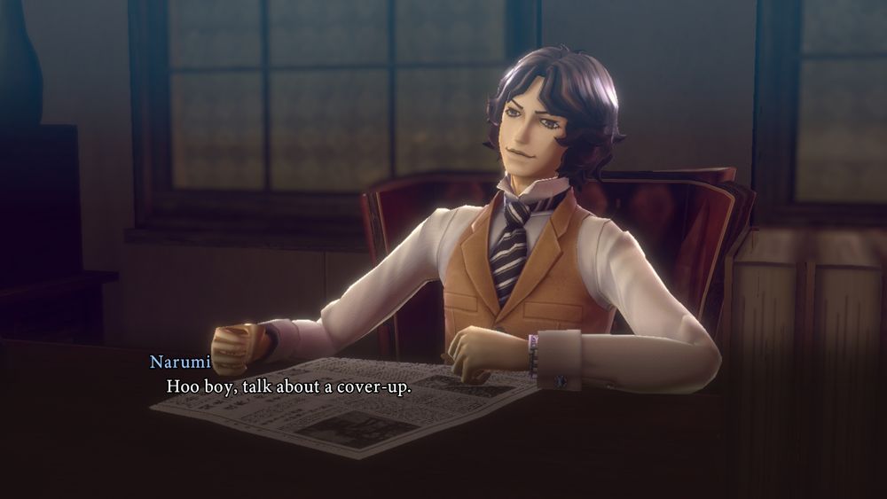 Raidou Remastered. Narumi is pictured saying "hoo boy, talk about a cover-up"