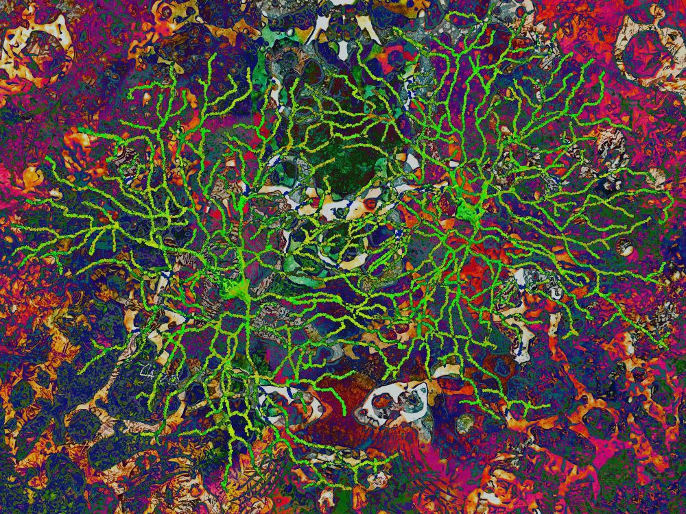 Green amacrine cells over a murky puddle