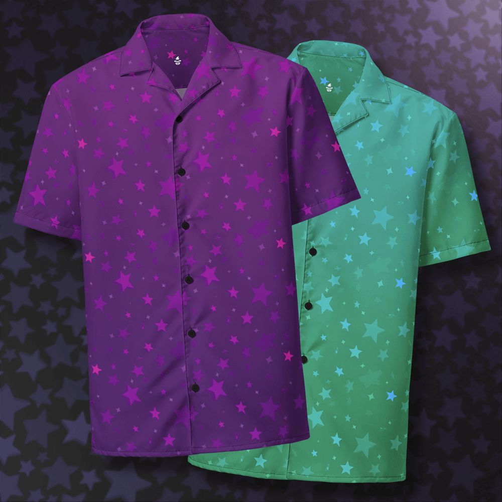 two pairs of shirts with star patterns on them, one purple one teal
