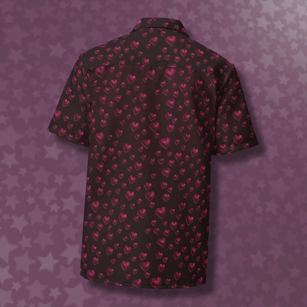 A red shirt, covered in shiny hearts