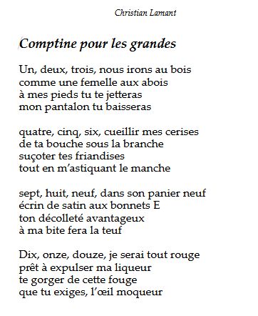 Comptine pour les grandes

Un, deux, trois, nous irons au bois
comme une femelle aux abois
à mes pieds tu te jetteras
mon pantalon tu baisseras

quatre, cinq, six, cueillir mes cerises
de ta bouche sous la branche
suçoter tes friandises
tout en m’astiquant le manche

sept, huit, neuf, dans son panier neuf
écrin de satin aux bonnets E
ton décolleté avantageux
à ma bite fera la teuf

Dix, onze, douze, je serai tout rouge
prêt à expulser ma liqueur
te gorger de cette fouge
que tu exiges, l’œil moqueur