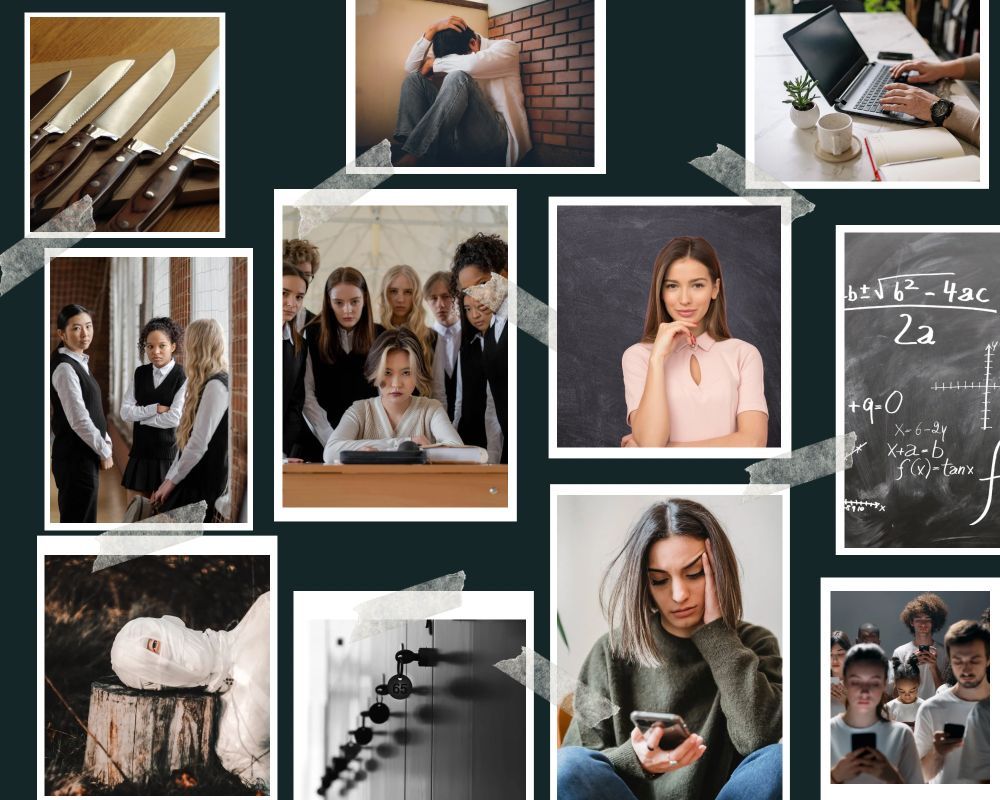 Groups of kids whispering. A teacher by a blackboard. a load of shiny knives in a row.