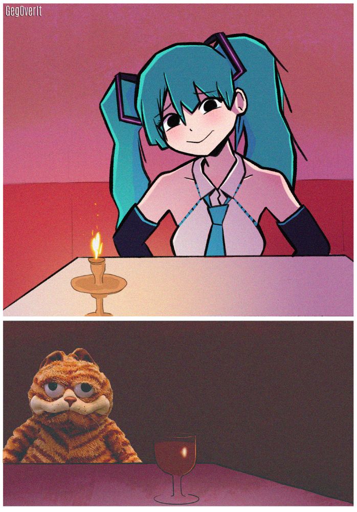 Drawing of Hatsune Miku on a romantic dinner date with a very strange and misshapen Garfield the cat plushie