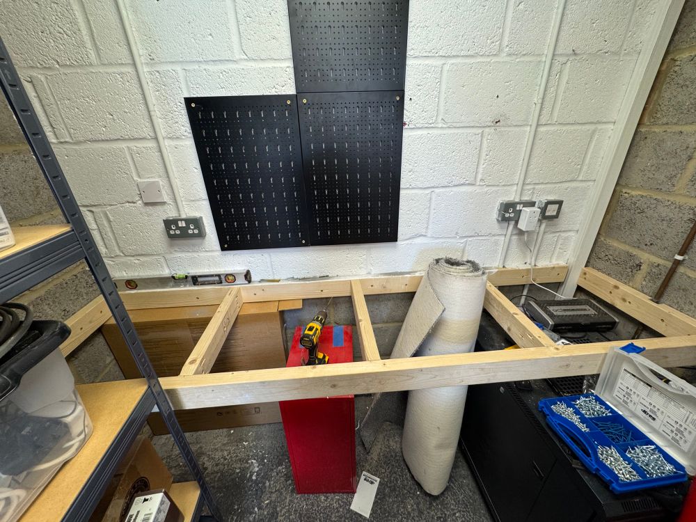 Building out the frame of the workbench. 