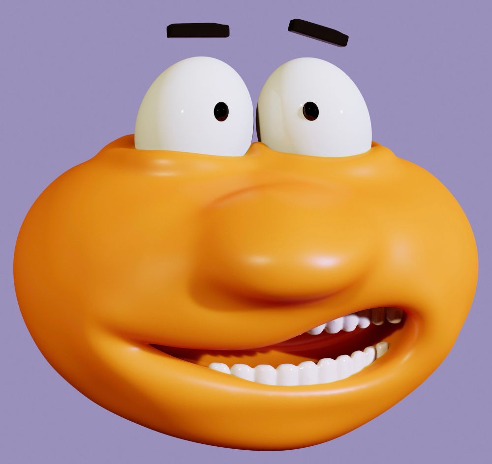 Digital sculpture of an orange character with a lopsided grin and a quizzical expression. 