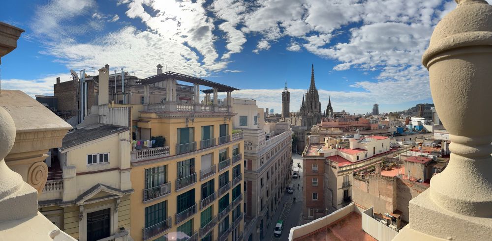 View from hotel roof looking over Barcelona towards the cathedral. 