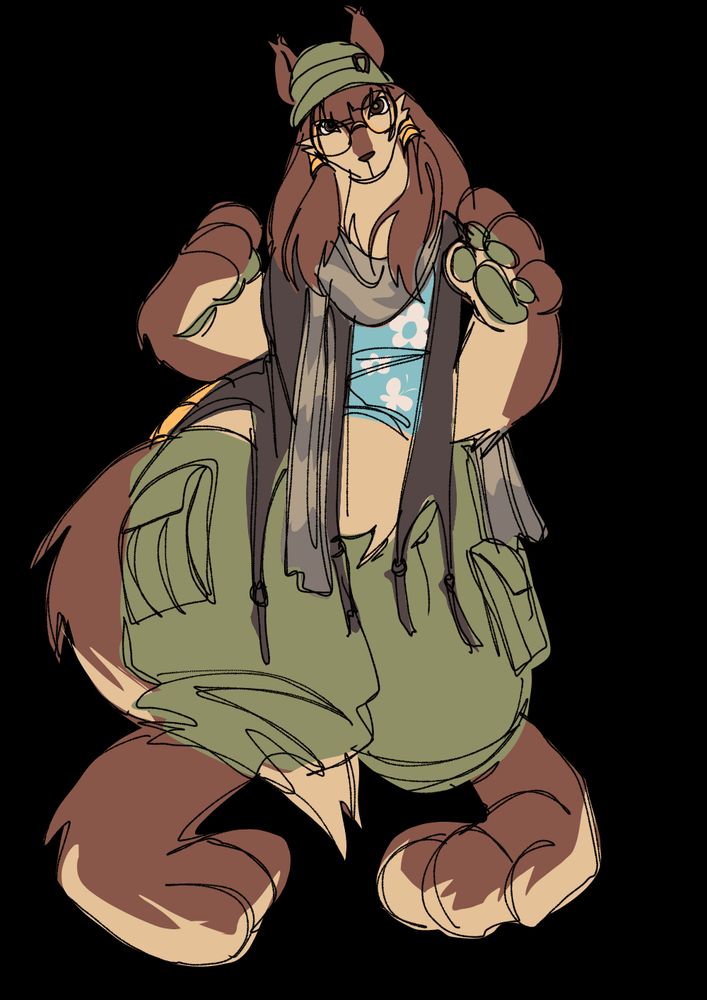 An anthro brown dog. They wear 2010s girly fashion, primarily in neutrals and olive greens, with cargo pants, a cardigan, and a fashionable scarf.