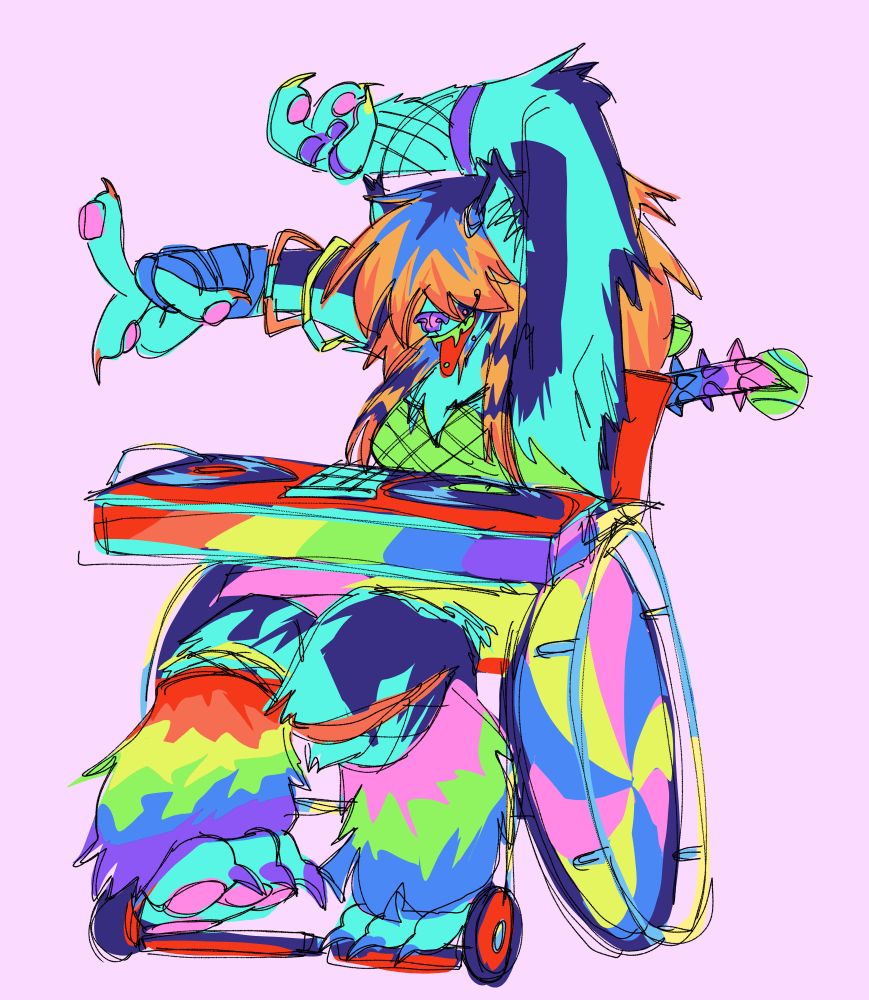 A neon rainbow anthro sparkledog DJ. They use a wheelchair with turntables. They are dressed for a rave in colorful fishnets and lights on their wheelchair. On one arm they wear a wrist brace.