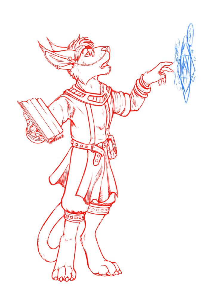 A tabaxi wizard standing upright holding a book in one arm while the other is held aloft and is casting a spell. He is wearing a tabard with a belt, an Egyptian style neck mantle, and has earrings and a nose ring - the nose ring is connected to the earrings by a chain.