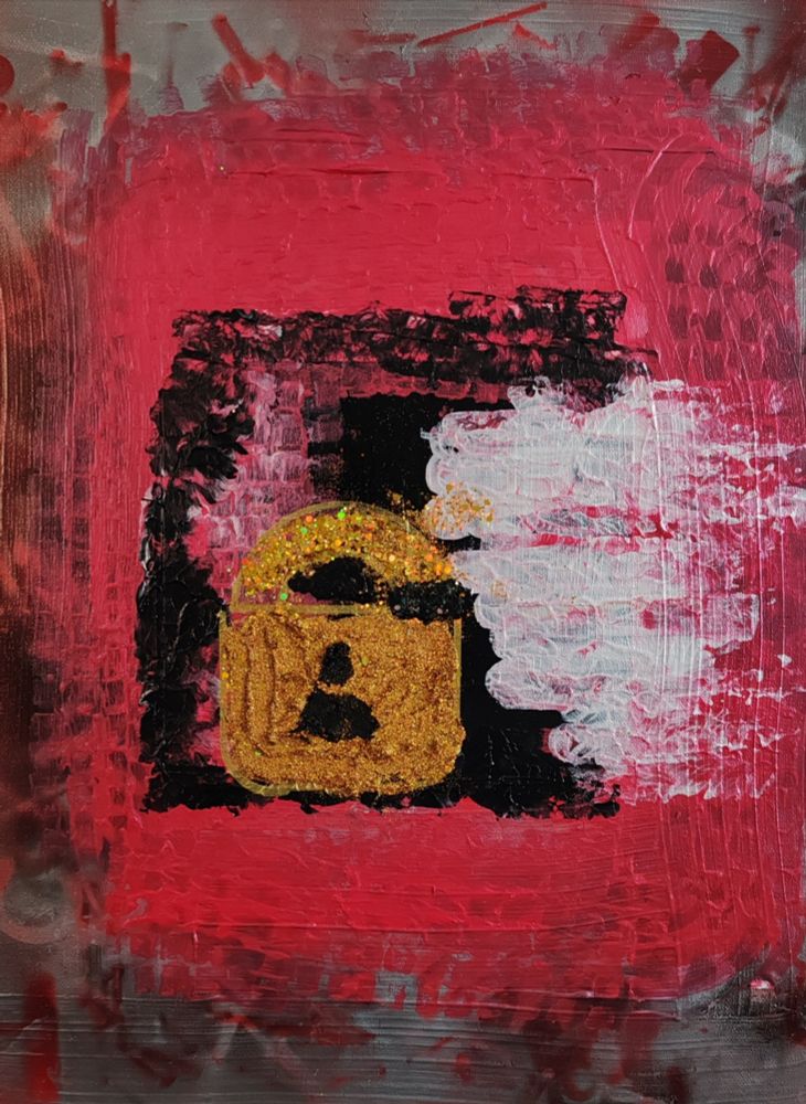 Abstract painting titled “Custody as Color: Black Folk.” by Serj Éty'n. A golden padlock with glitter texture stands at the center of a black square, surrounded by layered brushstrokes of deep red, white, and dark tones.