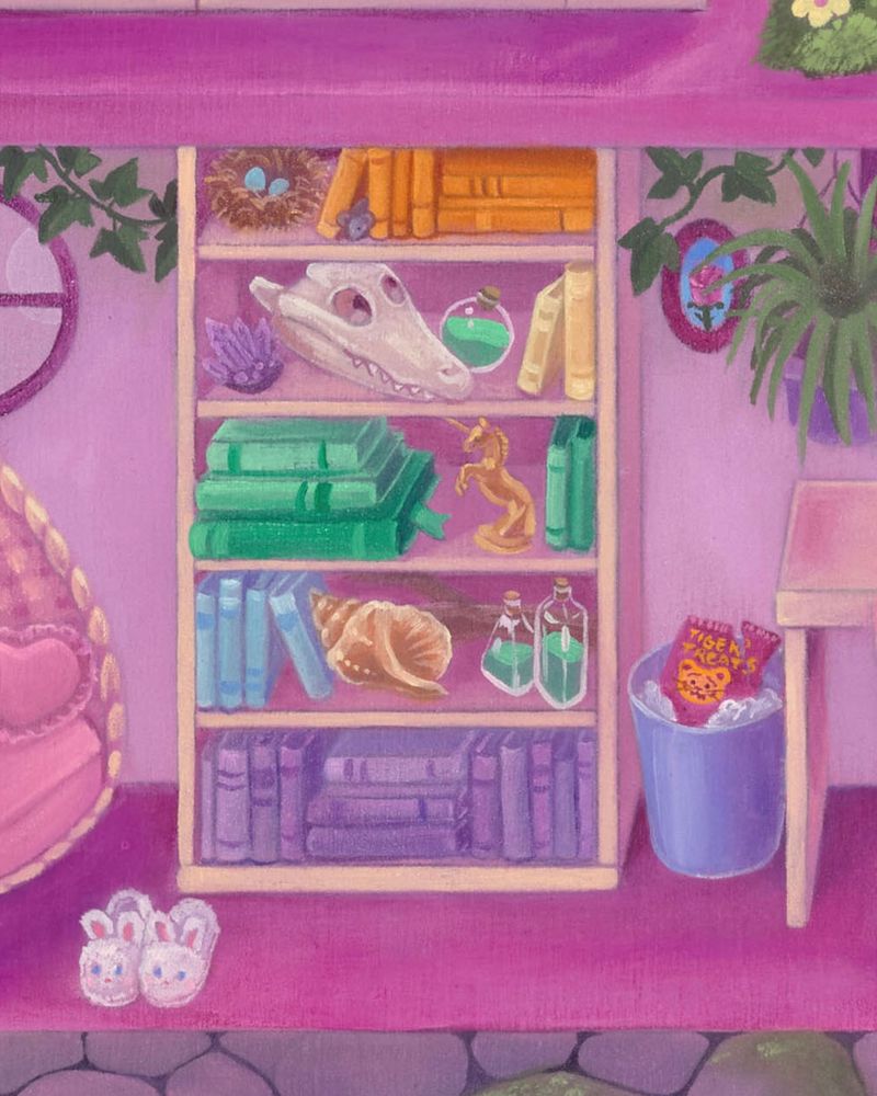 Close up of the bookshelf full of books, potions, a unicorn statue, alligator skull, giant conch shell, bird nest, and a teeny mouse poking its head out between books. 

In the trash is an opened bag of “Tiger treats”

On the floor is a pair of fuzzy bunny slippers.