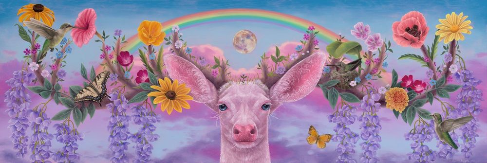 A white buck’s face is in the center of a wide canvas. Centered above his head is a full moon and a rainbow. From his antlers blooms a variety of flowers. Hummingbirds and butterflies surround the bounty and nestled behind one ear is a hummingbird in a nest. 