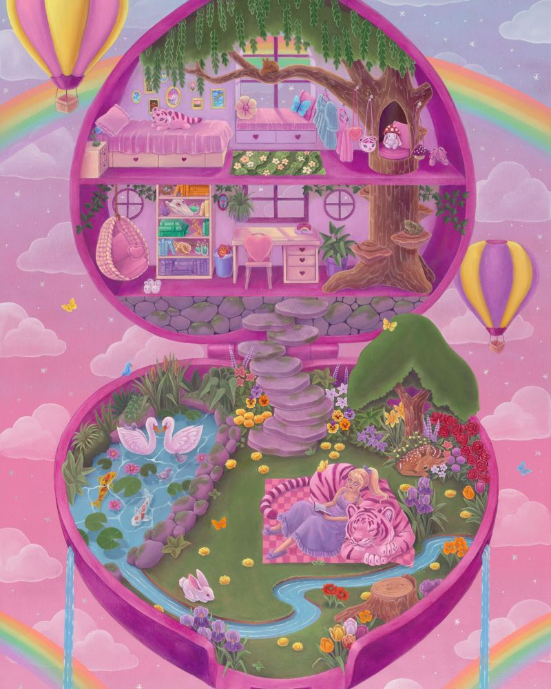 Heart shaped Polly pocket compact is open on a pastel pink and blue sky full of rainbows. 

The upper half features a cozy living space complete with bookshelf, desk, bed, and treehouse cubby with mushroom stairs. A squirrel sleeps peacefully in the branches.

The bottom half of the compact features a lush garden scene: a pond with swans and koi, a bunny, a fawn sleeping nestled next to a tree, and Polly herself in a purple dress reclined against her pink and white tiger and reading a book. 