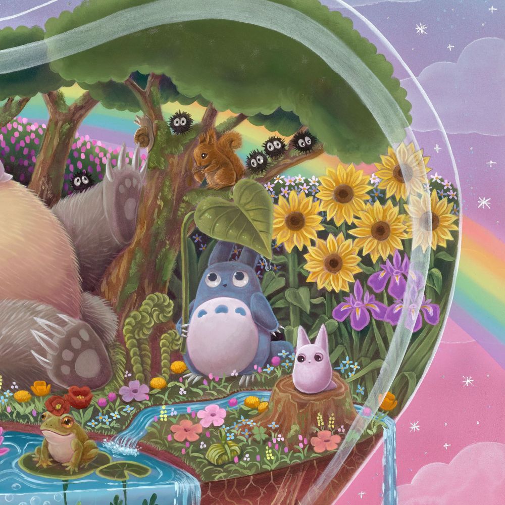 Close up of the previous scene highlighting mini Totoro holding a leaf over good head weird a water droplet falling, a squirrel in the tree above him, and a bunny sprite looking at a seed packet on the ground. From the film we know this is full of acorns.