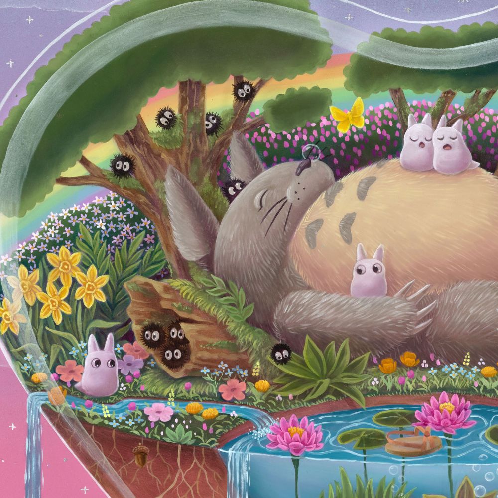 Close up of the previous scene highlighting Totoro’s snot bubble, soot sprites, acorn and floating sandal.