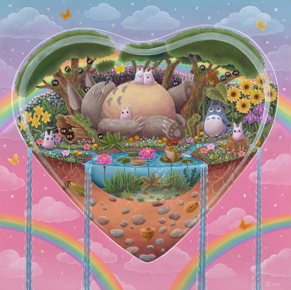 A floating glass heart terrarium houses Totoro sleeping in a lush forest. Mini Totoro holds a leaf over his head and bunny sprites sleep on his belly. Sunflowers, Japanese Irises, and Daffodils blossom in the background. 

In the foreground, a frog sits on a lily pad as a single sandal floats between water lilies. Below the surface of the pond, tadpoles swim. Under the ground, roots push into the dirt and we see an acorn, an ear of corn, a top, and a whistle all from the film. 

The backdrop is a pink sunset filled with fluffy white clouds and three rainbows. The water spills in streams from the heart terrarium into the sky below.