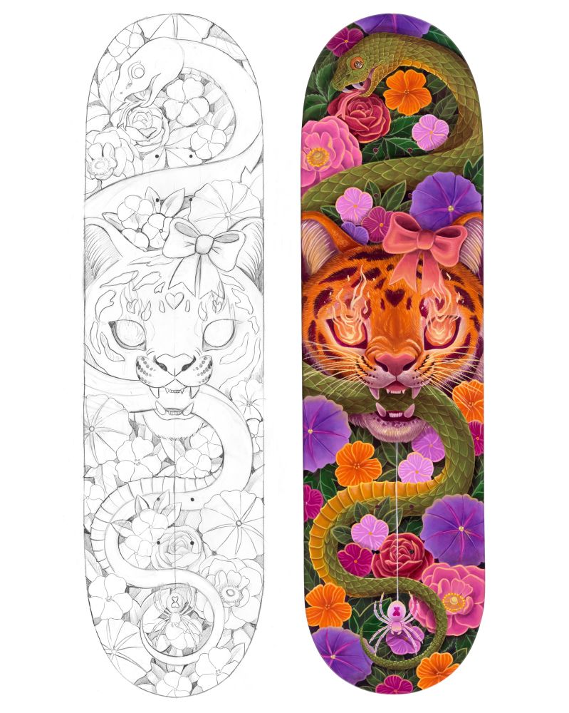 On the right is a painted skateboard deck with a snarling tiger in the center wearing a pink bow. She has flames coming out of her eye sockets. 

In her mouth, she grips the belly of a large green snake. The snake’s body weaves the entire length of the skateboard. At the top of the board, the snake’s mouth is open, tongue out, fangs bared in an angry hiss. The flames of the tiger are reflected in his eyes.

At the bottom of the board, the snake’s tail gently encircles a black widow spider that is all white instead of black, with a magenta “hourglass” that is two hearts connected. The spider is connected to the chin of the tiger by a single thread from its abdomen. 

Behind the scene is a lush jungle full of purple, orange, and pink flowers.