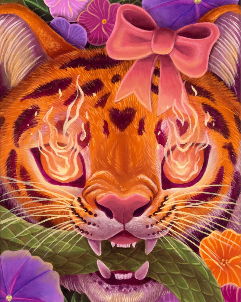 Close up of previous image showing just the tiger’s face in full detail, flames bursting forth from glowing eye sockets