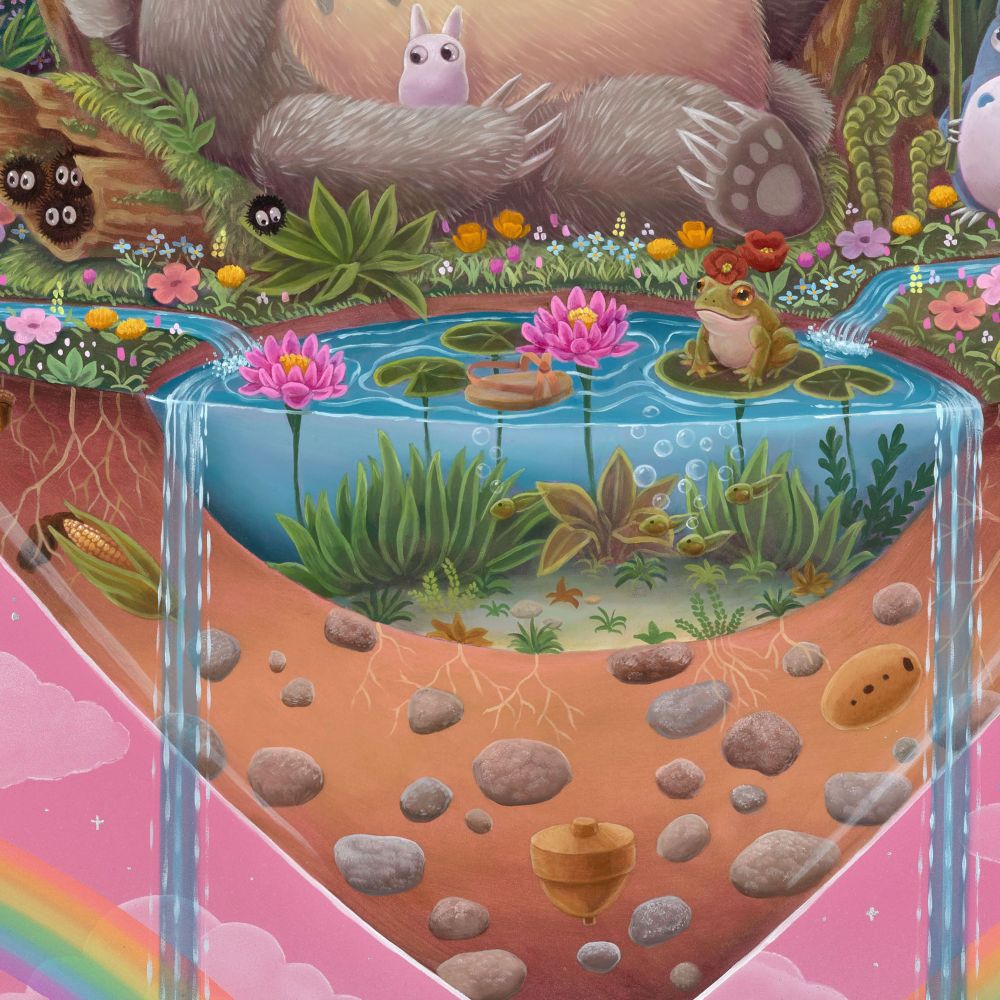 Close up of the previous scene highlighting ear of corn, frog, top, whistle, tadpoles and bunny sprites nestled in Totoro’s arm.