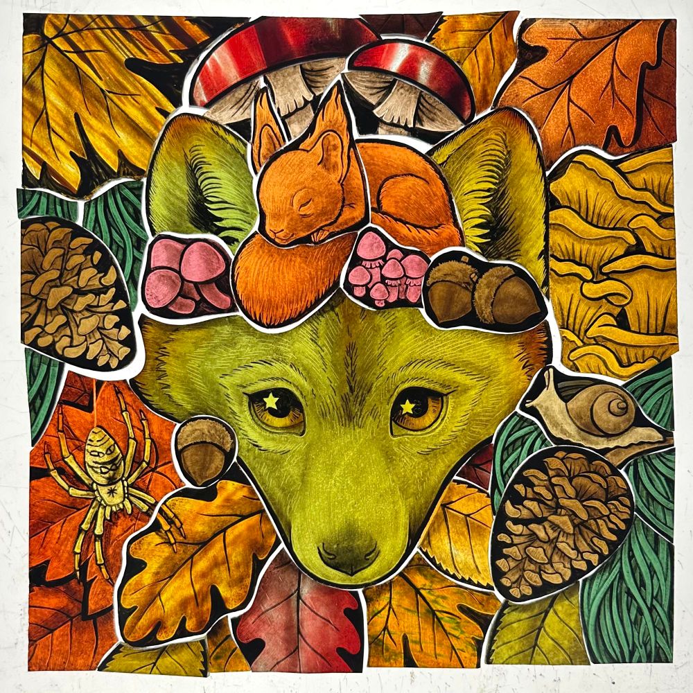 A green wolf face tinted with the orange of fall peeks from behind a bevy of fall-colored leaves with a chestnut squirrel sleeping atop his head. A yellow spider hands suspended from a pinecone and a snail sits atop another pinecone.