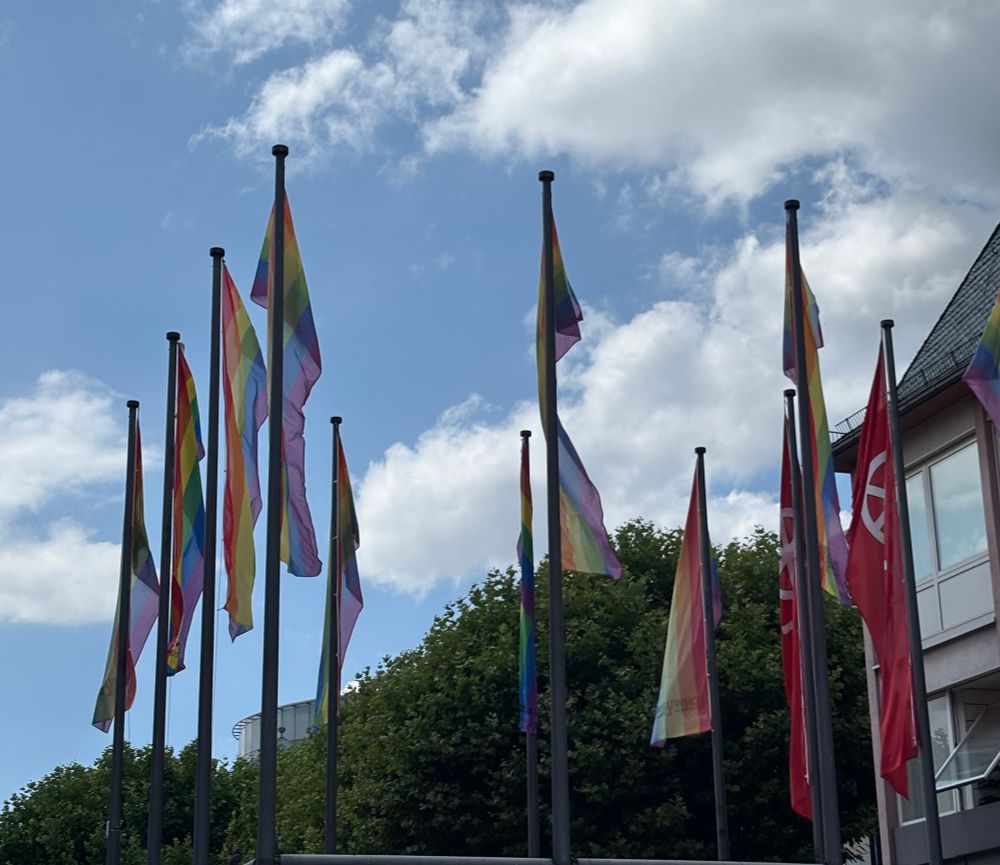 Mehrere Regenbogenfahnen neben zwei Mainzer Stadtfahnen vor teils bewölktem Himmel 